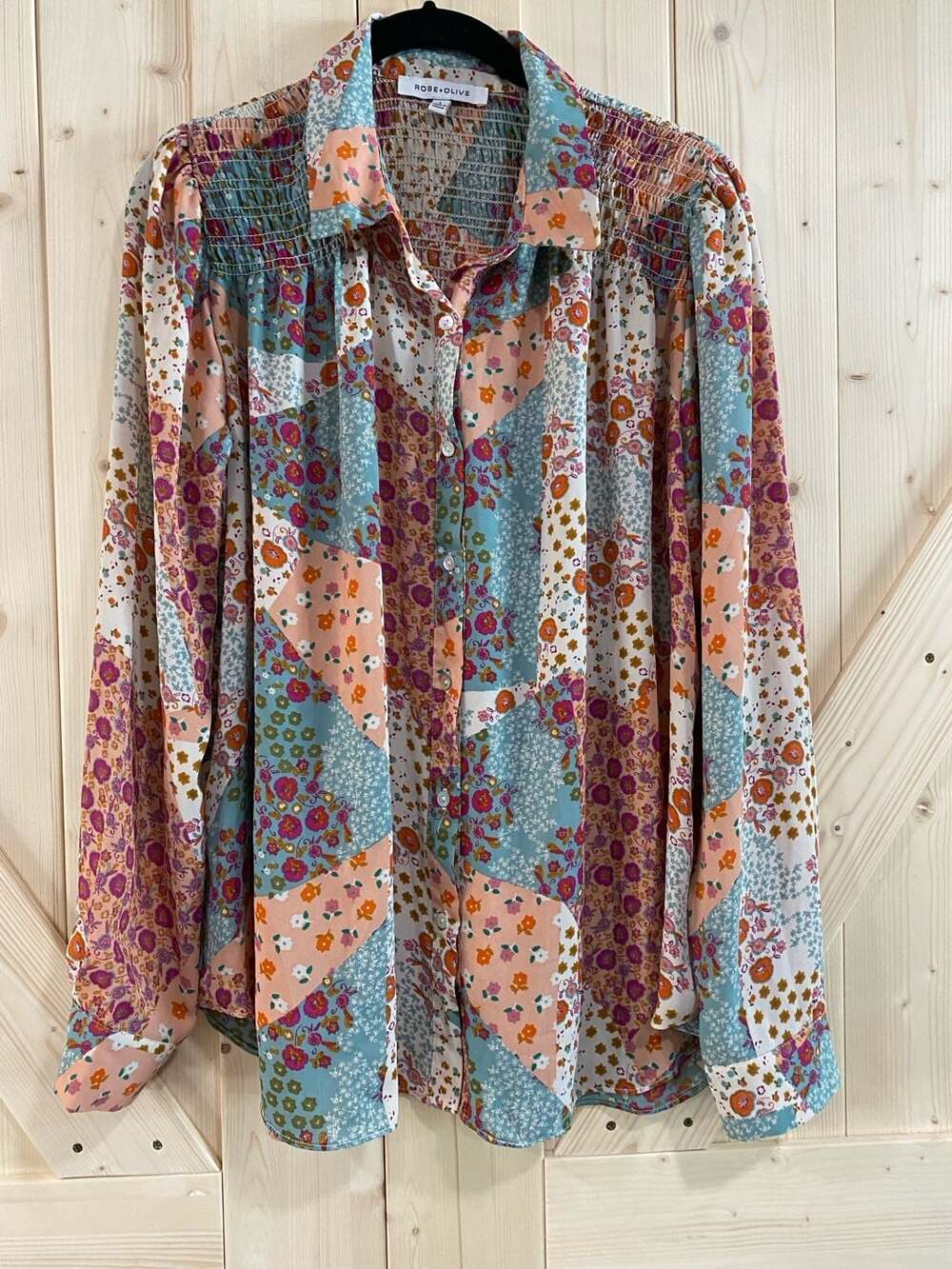 Rose + Olive Floral Patchwork Smocked Blouse Size large